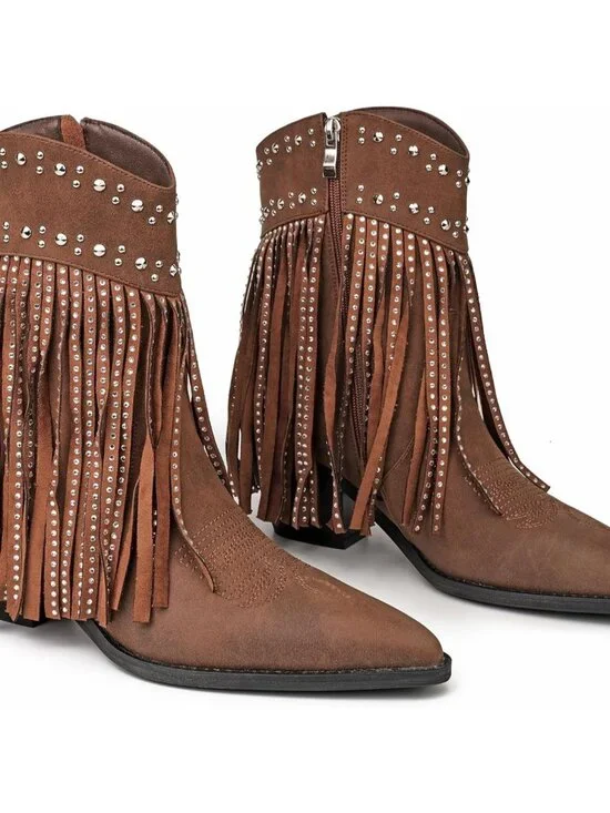 Women’s Brown Boots Rhinestone Studded Western Fringe Ankle Boot Block Heel - Picture 3 of 6
